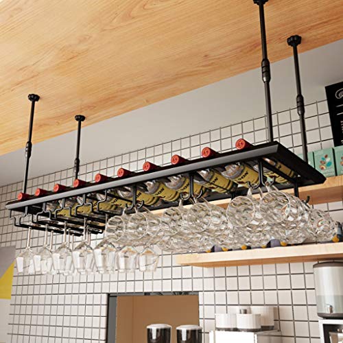 EYLINK Bar Counter Floating Wine Rack, Ceiling Hanging Wine Holder Adjustable Height, Wine Bottle and Glass Rack, Vintage Goblet Stemware Storage
