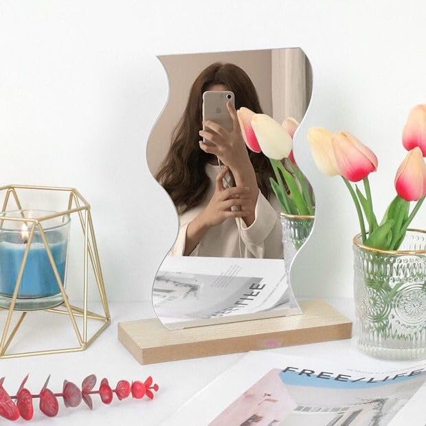 Funny live Aesthetic Room Decor Desk Mirror, Irregular Acrylic Mirrors with Wooden Stand for Living Room, Office, Locker, Vanity, Bedroom, Wall E