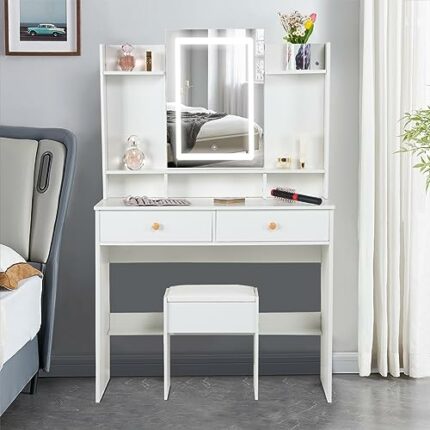 Makeup Vanity Desk with Lights & Mirror, Large Vanity Set with Storage Drawers & Stool, Bedroom Dresser Desk Vanity Table, White (Modern Vanity D
