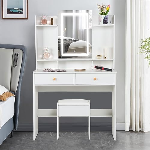 Makeup Vanity Desk with Lights & Mirror, Large Vanity Set with Storage Drawers & Stool, Bedroom Dresser Desk Vanity Table, White (Modern Vanity D