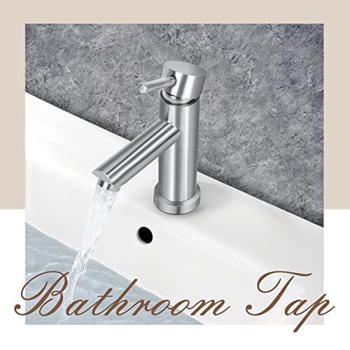 Minicoco Basin Tap, Basin Mixer Tap Bathroom Sink Mixer Tap Stainless Steel with UK Standard Hoses Single Lever Hot and Cold Water Sink Tap(Brush