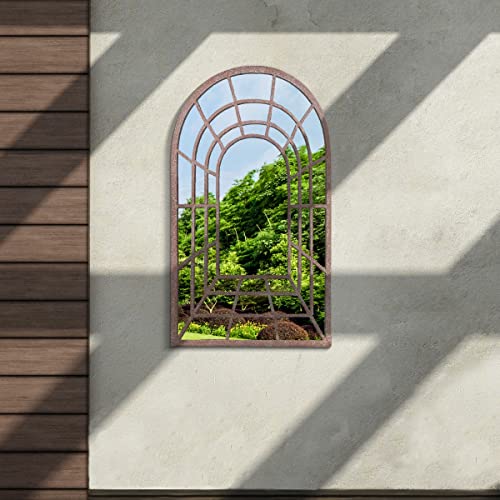 MirrorOutlet Large Metal Rustic Arched Shaped Window Garden Outdoor Mirror 77cm X 50cm, GM098, Bronze