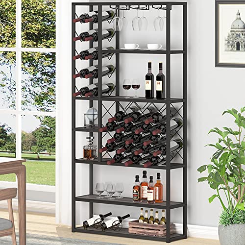 Launica Wine Rack freestanding Floor, Modern Tall Display Wine Storage Shelves, Wood and Metal Rustic Farmhouse Stackable Bakers Rack, Coffee Buf