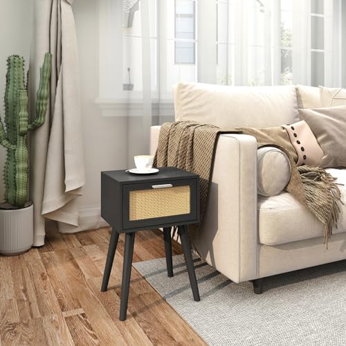 LAATOOREE Nightstand Set of 2, Small End Table with Rattan Door, Bedside Table with Solid Wood Feet, Boho Side Table for Bedroom Living Room Smal