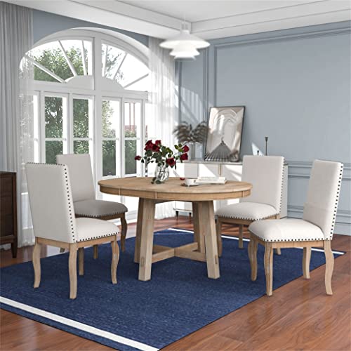 FEER 5 Piece Farmhouse Dining Table Wooden Round Extendable Dining Table And 4 Upholstered Chairs