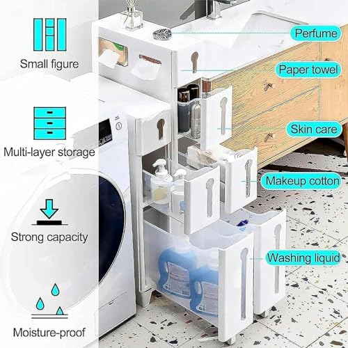 Freestanding Utility Storage Pantry Cabinet Cupboard for Small Spaces, (W) 6in Skinny Bathroom Storage Cabinet with Plastic Storage Drawers for L