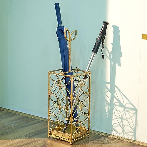 SMQLJXC Metal Umbrella Rack Stand,Umbrella holder for entryway,umbrella holder indoor,With Handle and Drip Tray,Home Office Decor(Antique Gold)