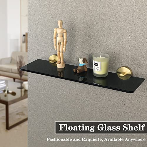 Mooche Bathroom Shelf Tempered Black Glass Shelf Wall Mounted 15 Inch Shower Storage Shelves with SUS304 Stainless Steel Golden Shelf Bracket, GD