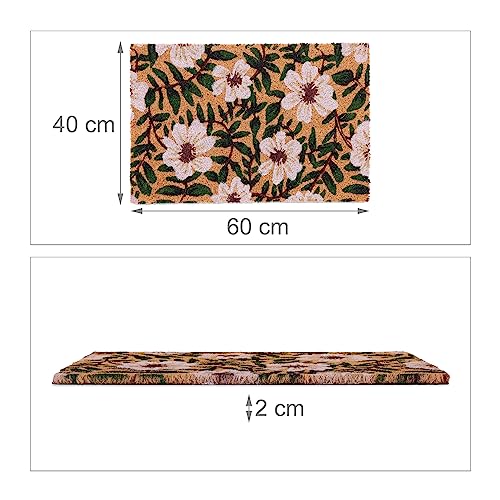 Relaxdays Coir Doormat, Floral Design, 60 x 40 cm, Non-Slip Welcome Mat, Weatherproof, Indoors & Outdoors, Multicoloured, Coco, Plastic
