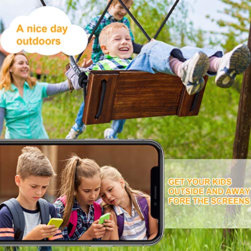 PELLOR Wooden Swing Seat Hanging Wood Tree Swings Sets Anticorrosive & 100% Waterproof Garden Swing for Adults & Kids Indoor & Outdoor(Brown)