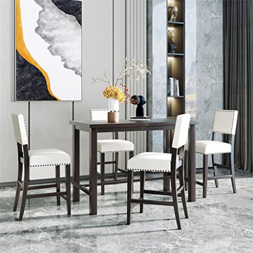 FEER 5 Piece Counter Height Dining Table Set Black Table And 4 Chairs Furniture In Beige
