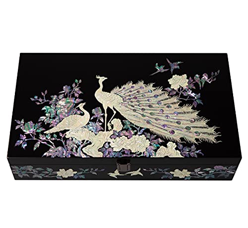 Mother of Pearl Crane Bird and Pine Tree Design Purple Wooden Jewellery Drawer Mirror Trinket Keepsake Treasure Gift Asian Lacquer Box Case Chest