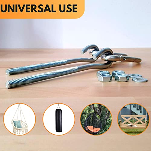 Pair of Heavy Duty Swing Hook Hangers 150mm Long M10 Galvanized - Hammock Hooks Heavy Duty with Stainless Steel Carabiner, Nuts and Washers - Gar