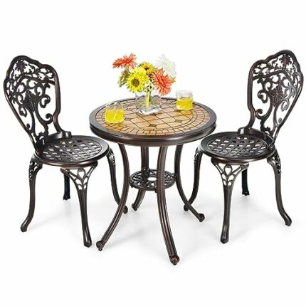 WALNUT 3PCS Patio Bistro Set Round Table Chairs All Weather Cast Aluminum Yard