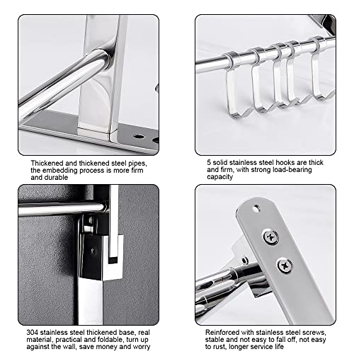 HONPHIER Towel Rail Wall Mounted 2-Tier Foldable Towel Holder Bath Towel Rack With Activity 5 Hooks SUS 304 Stainless Steel Towel Shelves Towel R