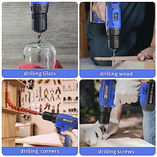 FADAWALT Power Cordless Drill Driver, 20V Cordless Drill and Screwdriver Set, Electric Combi Drill Kit 21+1 Torque, DIY Accessory Set, 2 Variable