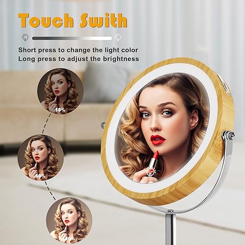 SLIMOON 8" Lighted Makeup Mirror with Bamboo Stand, 1X/10X Double Sided Magnifying Mirror with Light, 3 Colors Brightness Adjustable, 360° Cordle
