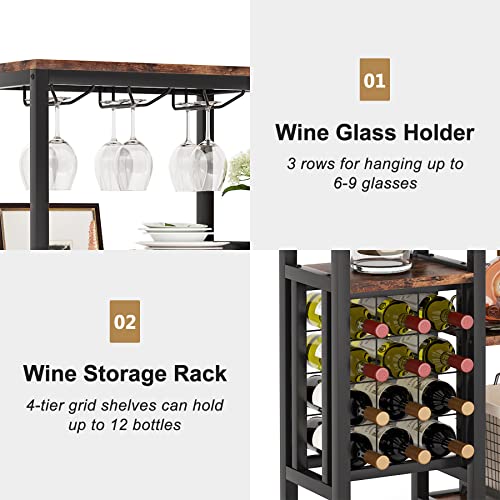 LITTLE TREE Wine Rack Freestanding Floor, 5-Tier Wine Baker Rack Wine Display Shelf with Glass Holder & Wine Storage for Bar, Kitchen, Dining Roo