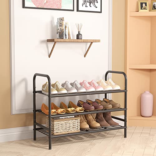 Huhote Shoe Rack 3 Tiers Iron Mesh Freestanding Shoe Organizer Storage Shelf, Storage Rack Space Saving Shoe Stand Black Metal Shoe Shelf Garage