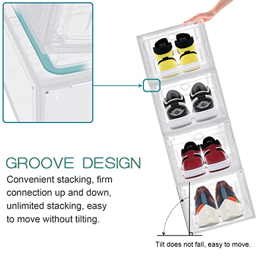 KEESIN 4 Pack Shoe Box Transparent Stackable Plastic Drop Shoe Storage Box with Magnetic Lids Vent Opening Hole,for Women/Men (36x27.5x21CM, Tran