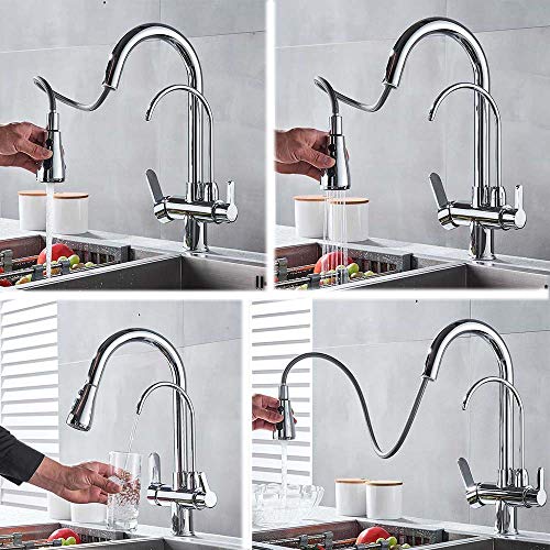 Onyzpily 3 Ways Kitchen taps Pure Water Filter Pull Down 360° Swivel Dual Handle Kitchen Sink Mixer Taps Brass Chrome,Not Include Filter System