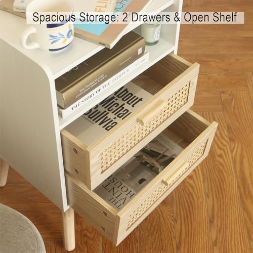 MaxSmeo White Nightstand with Rattan Drawers, Mid Century Modern Bedside Table, Boho Wood Nightstand for Living Room and Bedroom, White