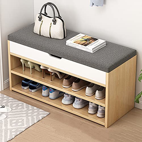Shoe Storage Bench, Entryway Bench with Flip Top Storage Space And Padded Cushion, 2 Tier Wooden Shoe Storage Cabinet, Shoe Rack for Entryway Liv