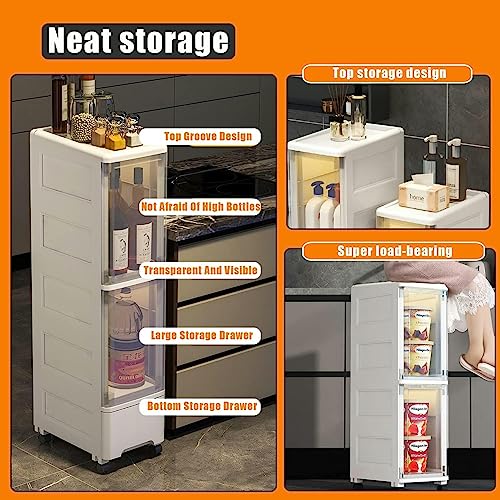 CIADAZ 3/4 Tier Rolling Storage Cart with Clear Drawers, Bathroom Floor Cabinet, Tall Bathroom Storage Cabinet Organizer Narrow Dresser Storage T