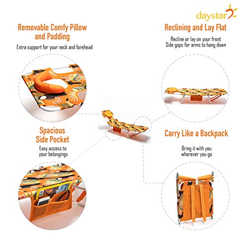 SUNNYFEEL Folding Camping Chairs Reclining Beach Chair Sun Lounger Lay Flat Tanning Portable with Removable Headrest Pillow Face Hole for Outdoor