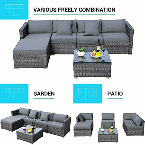 DLOETT 6PCS Rattan Garden Corner Sofa Set Outdoor Garden Furniture Set Patio Sofa Set with Glass Coffee Table Cushions Pillows