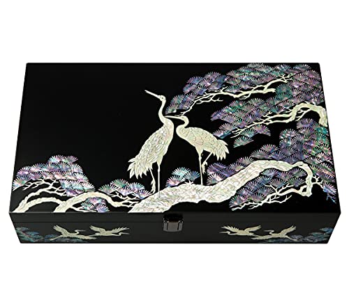 Mother of Pearl Crane Bird and Pine Tree Design Purple Wooden Jewellery Drawer Mirror Trinket Keepsake Treasure Gift Asian Lacquer Box Case Chest