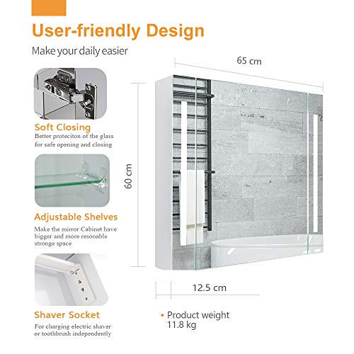 KAASUN Wall Mounted LED Bathroom Mirror Cabinet Sensor Switch and Shaver Socket Multifunctional Intelligence Storage Cabinet 650x600x125mm White