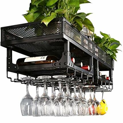 Wine Racks Wall Mount, Ceiling Mounted Hanging Wine Bottle Holder Metal Iron Black Wine Glass Rack Goblet Stemware Racks - 100cm/40inch
