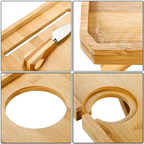 Kingrol Bamboo Wine Picnic Table with Wine Bottle, Glass and Cheese Knife Holder - Park, Camping, Beach, Outdoor Snack and Cheese Tray, Wine Love