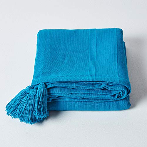 HOMESCAPES - Rajput Ribbed Throw 100 x 140 Inches Teal 100% Cotton, Suitable for most 3 Seater Sofas or Double, King bedspreads, Easy care, washa