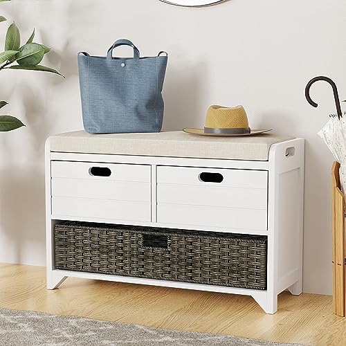 LOVMOR 32" Storage Bench for Entryway, Shoe Bench with Storage Removable Basket and 2 Drawers, Entryway Bench with Shoe Storage, Entryway Storage