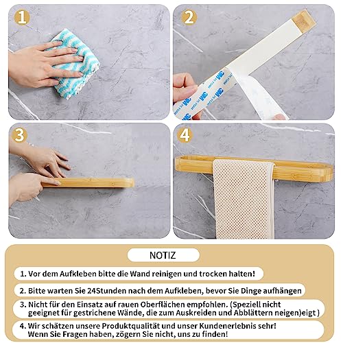 JS Towel Rack Wall Mounted Towel Storage 55cm Towel Rail Bathroom Hand Towel Holder Self Adhesive Bamboo Wood Natural