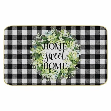 comfoyar Black and White Checkered Door Mat, Sweet Home Wreath Welcome Mat Non Slip Entrance Rug, Super Absorbent and Washable Doormat for Indoor