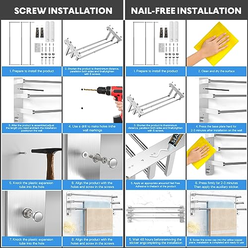 Otoomenz Towel Rail Wall Mounted 3-Tier Bath Towel Rack, 2 Installation Methods Adjustable 35.5-70cm Towel Holder, SUS 304 Stainless Steel Towel