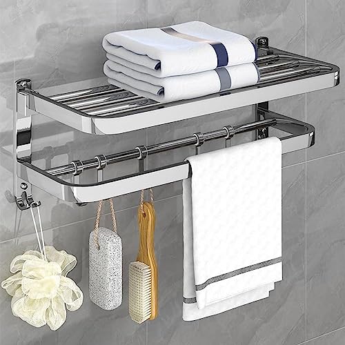 HONPHIER Towel Rail Wall Mounted 2-Tier Foldable Towel Holder Bath Towel Rack With Activity 5 Hooks SUS 304 Stainless Steel Towel Shelves Towel R