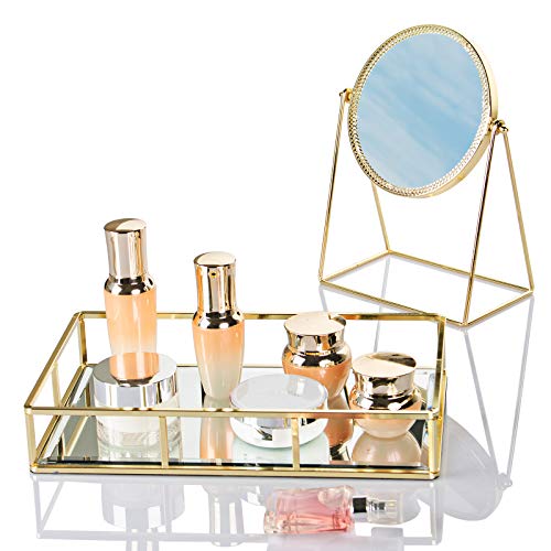 DAWOO Golden Makeup Mirror, Dresser Single Side Retro Mirror, 360 Degree Adjustable Round Gold Mirror, Suitable for Bathroom, Bedroom Decor, Gift