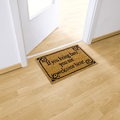 Relaxdays Natural Coconut Fibre Coir BRING BEER Doormat Door Mat Welcome Mat w/ Anti-Slip Rubber PVC Underside, Brown