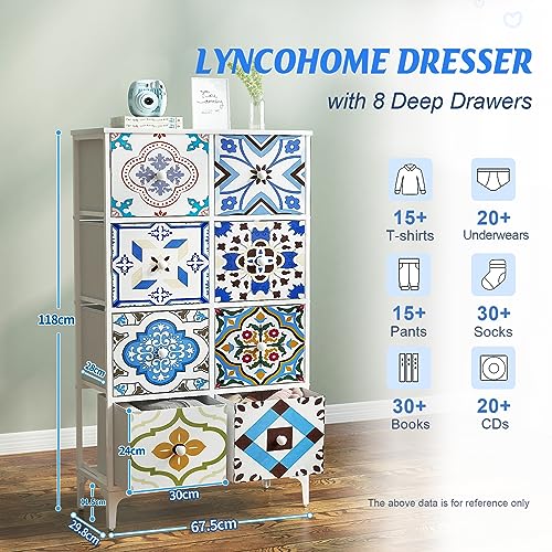 LYNCOHOME Chest of Drawers Bedroom, Fabric Storage Organizer with Deep and Large Drawers, Tall 8 Drawers Dresser for living room, kid's room, clo