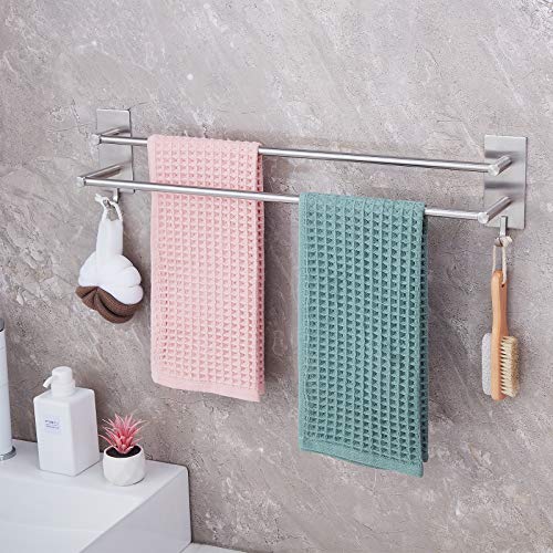 JS Towel Rail Self Adhesive 2-Tier Double Towel Holder rack Multi Towel Bar with 2 Hooks SUS304 Stainless Steel Robe & Bath Towel Rails 60CM/23.6