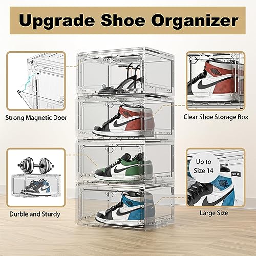 Lora Dew Shoe Storage Box,Acrylic Shoe Organizer with Magnetic Door,Clear Plastic Stackable Shoes Container for Closet,Sneaker Storage Boxes,Tran