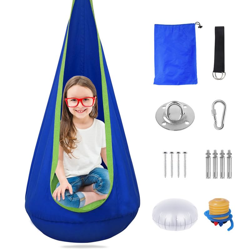 Mingfuxin Kids Pod Swing Seat, 100% Cotton Durable Kids Hanging Hammock Chair Swing Pod Chairs Nook Tent with Removable Inflatable Cushion for In