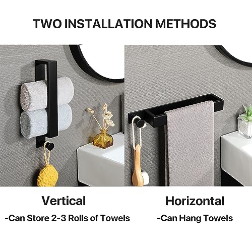 SAYAYO Towel Rail Wall Mounted Self Adhesive Towel Holder with a Hook 30CM/12-Inch Matte Black Towel Rack for Bathroom Kitchen SUS304 Stainless S
