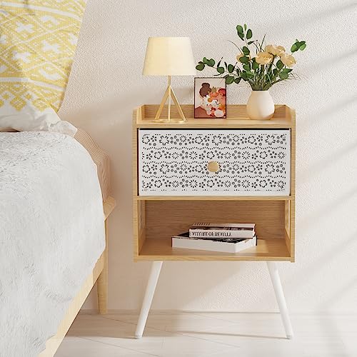 Iirios Nightstands Set of 2, End Table with Open Shelf, 2-Tier Night Stand with Adjustable Metal Floral Drawer, Night Stand for Bedroom Sofa Side