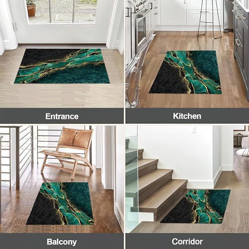 TUBAMQ Black Green Marble Door Mat,Welcome Doormat 17 x 30 Inch Decorative Home Floor Mat, Non Slip Rubber Back and Strong Water Absorption for O