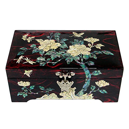 Mother of Pearl Crane Bird and Pine Tree Design Purple Wooden Jewellery Drawer Mirror Trinket Keepsake Treasure Gift Asian Lacquer Box Case Chest